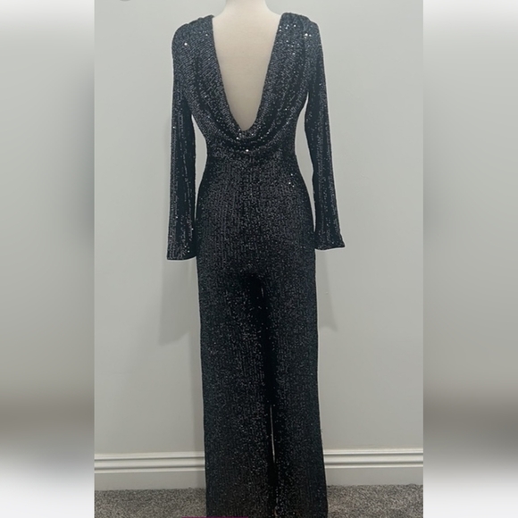 BLACK SEQUIN JUMPSUIT, SIZE LARGE, FULLY LINED,DRAPED BACK, - Picture 2 of 2